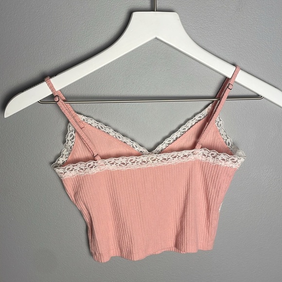 Aeropostale Pink/White Crisscross Lace-Trim Cropped Cami Adjustable Straps | XS - Picture 3 of 6